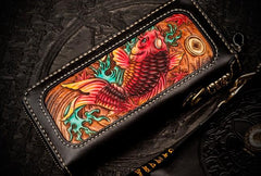 Handmade Leather Tooled Carp Chain Wallet Mens Biker Wallet Cool Leather Wallet Long Phone Wallets for Men