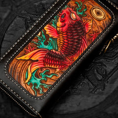 Handmade Leather Tooled Carp Chain Wallet Mens Biker Wallet Cool Leather Wallet Long Phone Wallets for Men