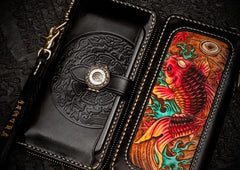 Handmade Leather Tooled Carp Chain Wallet Mens Biker Wallet Cool Leather Wallet Long Phone Wallets for Men