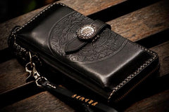 Handmade Leather Tooled Carp Chain Wallet Mens Biker Wallet Cool Leather Wallet Long Phone Wallets for Men