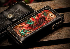 Handmade Leather Tooled Carp Chain Wallet Mens Biker Wallet Cool Leather Wallet Long Phone Wallets for Men