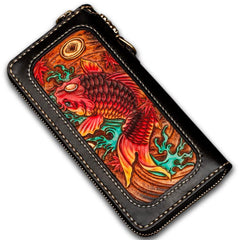 Handmade Leather Tooled Carp Chain Wallet Mens Biker Wallet Cool Leather Wallet Long Phone Wallets for Men