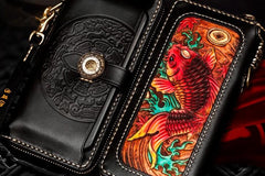 Handmade Leather Tooled Carp Chain Wallet Mens Biker Wallet Cool Leather Wallet Long Phone Wallets for Men