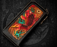 Handmade Leather Tooled Carp Chain Wallet Mens Biker Wallet Cool Leather Wallet Long Phone Wallets for Men