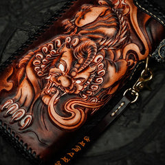 Handmade Leather Tooled Chinese Dragon Chain Wallet Mens Biker Wallet Cool Leather Wallets Long  Wallet for Men