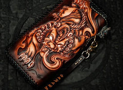 Handmade Leather Tooled Chinese Dragon Chain Wallet Mens Biker Wallet Cool Leather Wallets Long  Wallet for Men