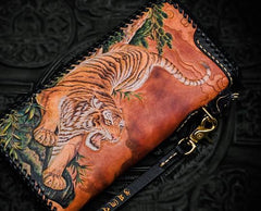 Handmade Leather Tooled Chinese Dragon Chain Wallet Mens Biker Wallet Cool Leather Wallet Long Phone Wallets for Men