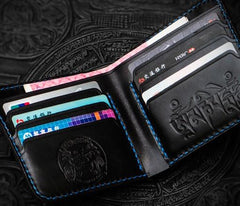 Handmade Leather Chinese Lion Tooled Mens Small Wallet Cool Slim billfold Wallet for Men