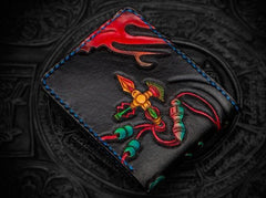 Handmade Leather Chinese Lion Tooled Mens Small Wallet Cool Slim billfold Wallet for Men