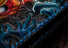 Handmade Leather Chinese Lion Tooled Mens Small Wallet Cool Slim billfold Wallet for Men