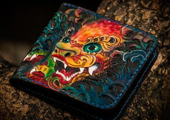 Handmade Leather Chinese Lion Tooled Mens Small Wallet Cool Slim billfold Wallet for Men