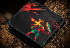 Handmade Leather Chinese Lion Tooled Mens Small Wallet Cool Slim billfold Wallet for Men