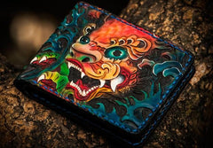 Handmade Leather Chinese Lion Tooled Mens Small Wallet Cool Slim billfold Wallet for Men