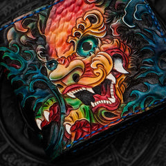 Handmade Leather Chinese Lion Tooled Mens Small Wallet Cool Slim billfold Wallet for Men