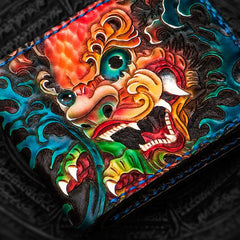 Handmade Leather Chinese Lion Tooled Mens Small Wallet Cool Slim billfold Wallet for Men