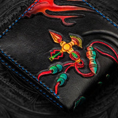 Handmade Leather Chinese Lion Tooled Mens Small Wallet Cool Slim billfold Wallet for Men