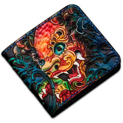 Handmade Leather Chinese Lion Tooled Mens Small Wallet Cool Slim billfold Wallet for Men