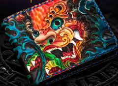 Handmade Leather Chinese Lion Tooled Mens Small Wallet Cool Slim billfold Wallet for Men