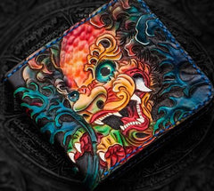 Handmade Leather Chinese Lion Tooled Mens Small Wallet Cool Slim billfold Wallet for Men