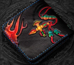 Handmade Leather Chinese Lion Tooled Mens Small Wallet Cool Slim billfold Wallet for Men