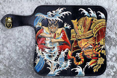 Handmade Leather Tooled Japanese Samurai Biker Chain Wallet Long Wallet for Men