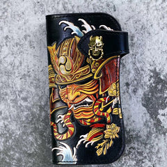 Handmade Leather Tooled Japanese Samurai Biker Chain Wallet Long Wallet for Men