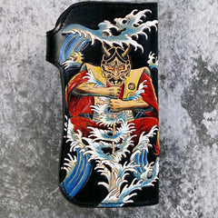 Handmade Leather Tooled Japanese Samurai Biker Chain Wallet Long Wallet for Men