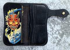 Handmade Leather Tooled Japanese Samurai Biker Chain Wallet Long Wallet for Men