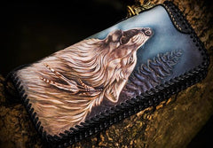 Handmade Leather Tooled Wolf Chain Wallet Mens Biker Wallet Cool Leather Wallet Long Phone Wallets for Men