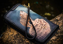 Handmade Leather Tooled Wolf Chain Wallet Mens Biker Wallet Cool Leather Wallet Long Phone Wallets for Men