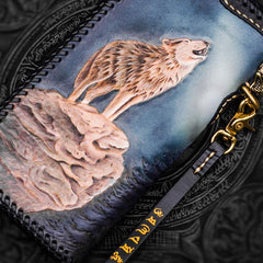 Handmade Leather Tooled Wolf Chain Wallet Mens Biker Wallet Cool Leather Wallet Long Phone Wallets for Men