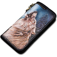 Handmade Leather Tooled Wolf Chain Wallet Mens Biker Wallet Cool Leather Wallet Long Phone Wallets for Men