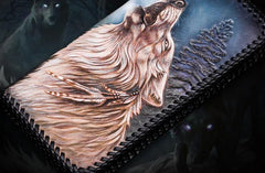 Handmade Leather Tooled Wolf Chain Wallet Mens Biker Wallet Cool Leather Wallet Long Phone Wallets for Men