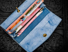 Handmade Leather Tooled Blue Women Envelope Vintage Leather Wallet Long Phone Clutch Wallets for Women
