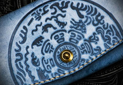 Handmade Leather Tooled Blue Women Envelope Vintage Leather Wallet Long Phone Clutch Wallets for Women