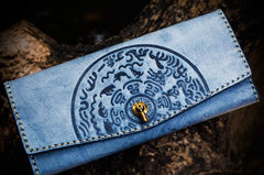Handmade Leather Tooled Gray Women Envelope Vintage Leather Wallet Long Phone Clutch Wallets for Women