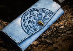 Handmade Leather Tooled Blue Women Envelope Vintage Leather Wallet Long Phone Clutch Wallets for Women