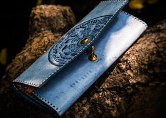Handmade Leather Tooled Blue Women Envelope Vintage Leather Wallet Long Phone Clutch Wallets for Women