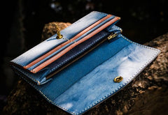 Handmade Leather Tooled Blue Women Envelope Vintage Leather Wallet Long Phone Clutch Wallets for Women