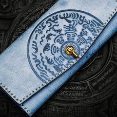 Handmade Leather Tooled Blue Women Envelope Vintage Leather Wallet Long Phone Clutch Wallets for Women