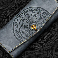 Handmade Leather Tooled Blue Women Envelope Vintage Leather Wallet Long Phone Clutch Wallets for Women