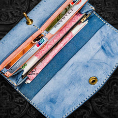 Handmade Leather Tooled Blue Women Envelope Vintage Leather Wallet Long Phone Clutch Wallets for Women
