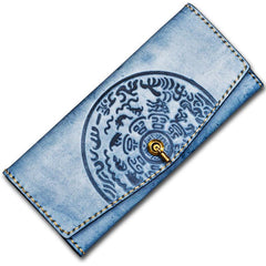 Handmade Leather Tooled Blue Women Envelope Vintage Leather Wallet Long Phone Clutch Wallets for Women