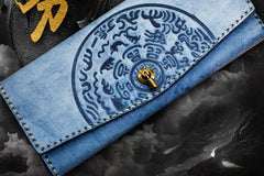 Handmade Leather Tooled Blue Women Envelope Vintage Leather Wallet Long Phone Clutch Wallets for Women