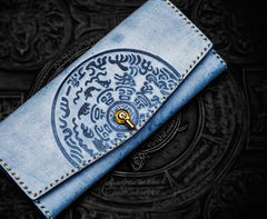 Handmade Leather Tooled Blue Women Envelope Vintage Leather Wallet Long Phone Clutch Wallets for Women