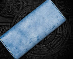 Handmade Leather Tooled Blue Women Envelope Vintage Leather Wallet Long Phone Clutch Wallets for Women