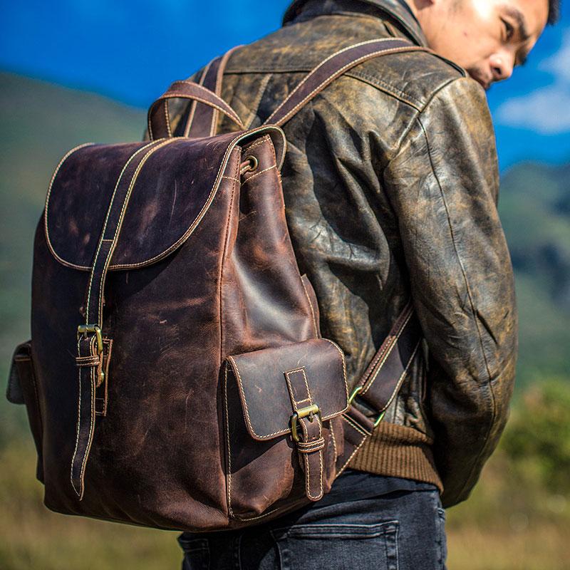 Handmade Vintage Leather Coffee Mens Cool Leather Backpack Travel Bag for men
