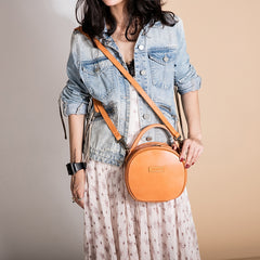 Handmade Leather Womens Round Handbag Circle Shoulder Bag Purse For Women