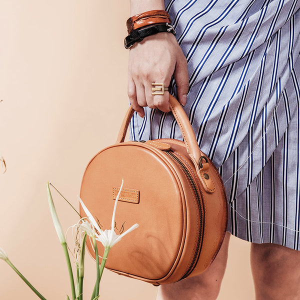 Handmade Leather Womens Round Handbag Circle Shoulder Bag Purse For Women - EverHandmade