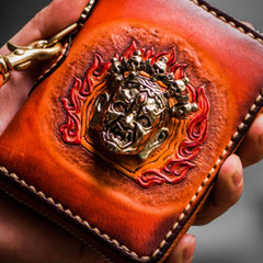 Handmade Mah¨¡k¨¡la Leather Brown Biker Wallet Mens Cool billfold Chain Wallet Trucker Wallet with Chain